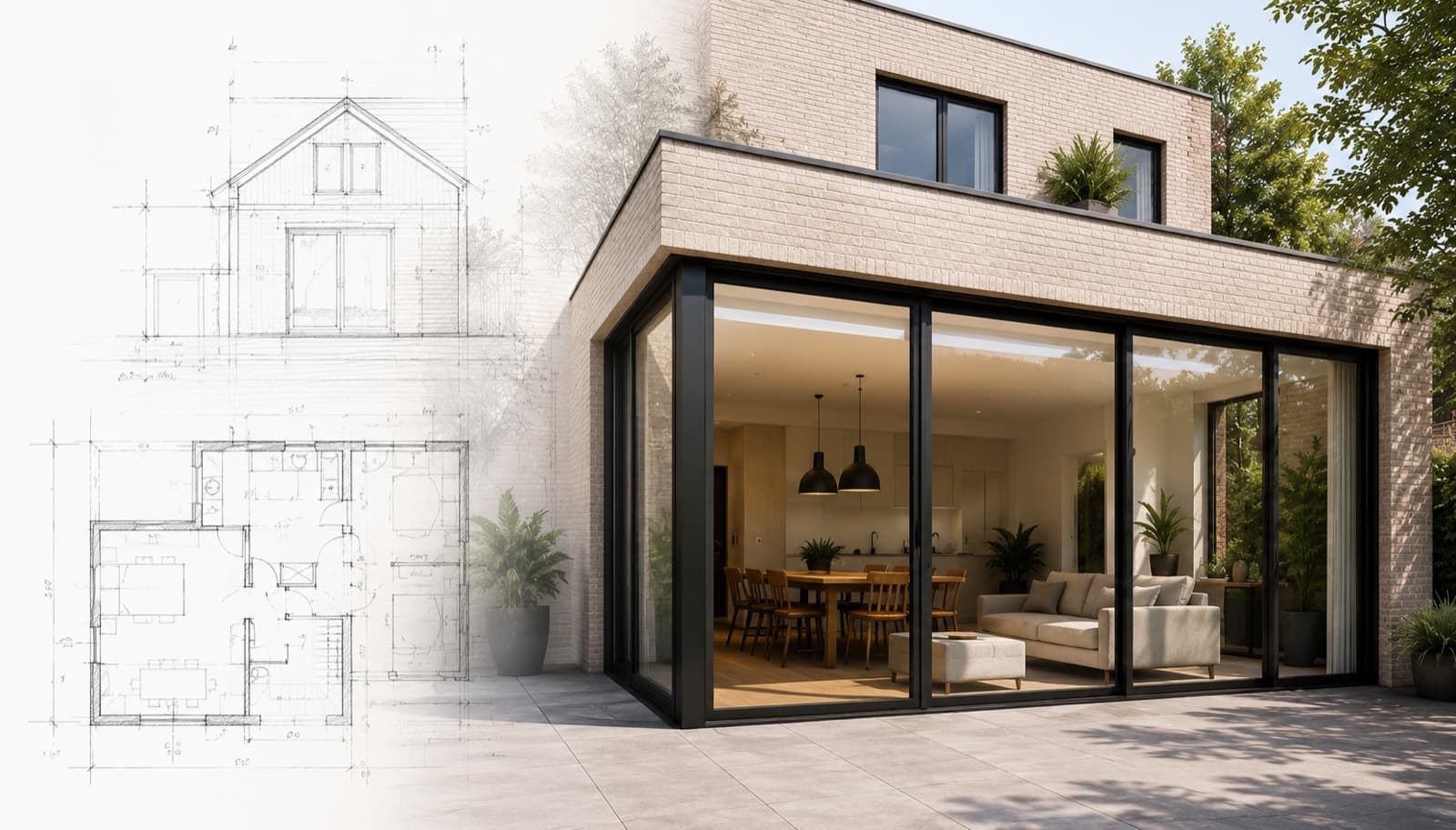 Moderne aanbouw met grote glazen pui